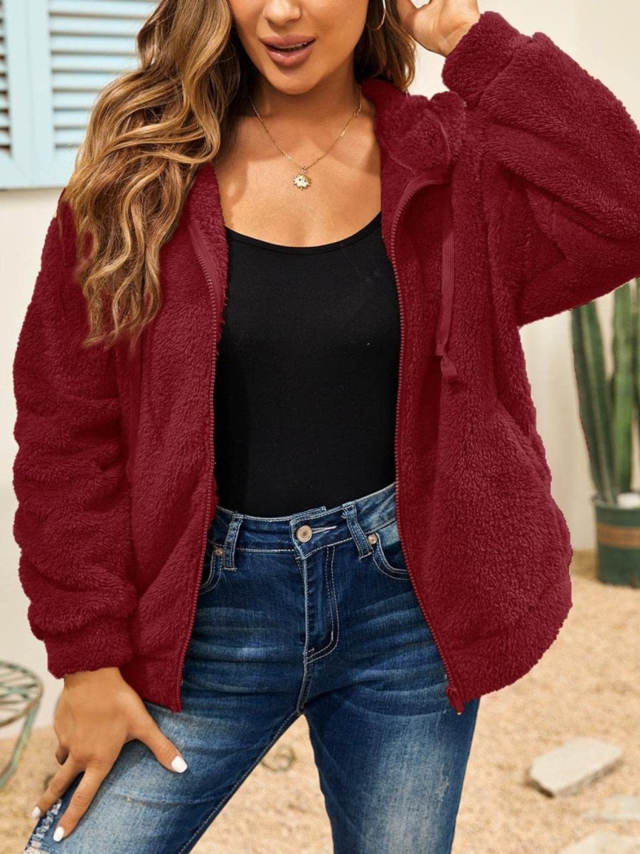 Drawstring Zip Up Hooded Plush Jacket - Outerwear