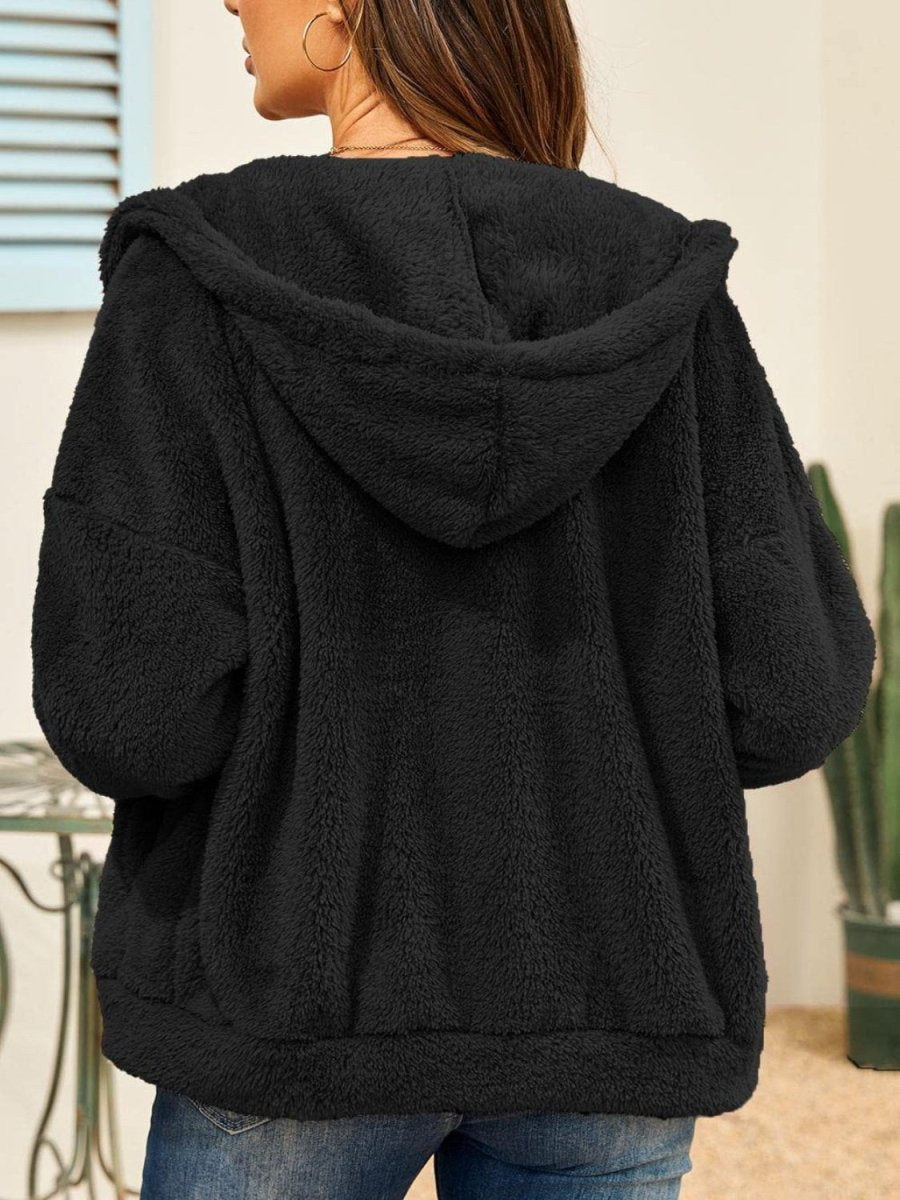 Drawstring Zip Up Hooded Plush Jacket - Outerwear