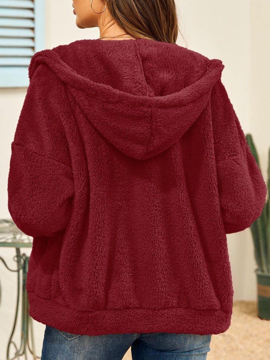 Drawstring Zip Up Hooded Plush Jacket - Outerwear