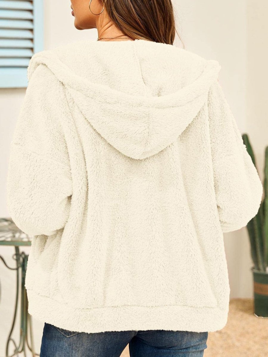 Drawstring Zip Up Hooded Plush Jacket - Outerwear