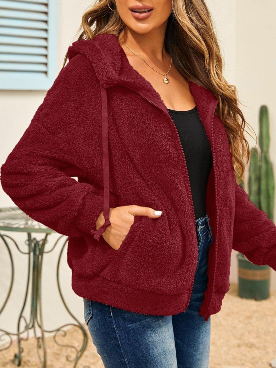Drawstring Zip Up Hooded Plush Jacket - Outerwear