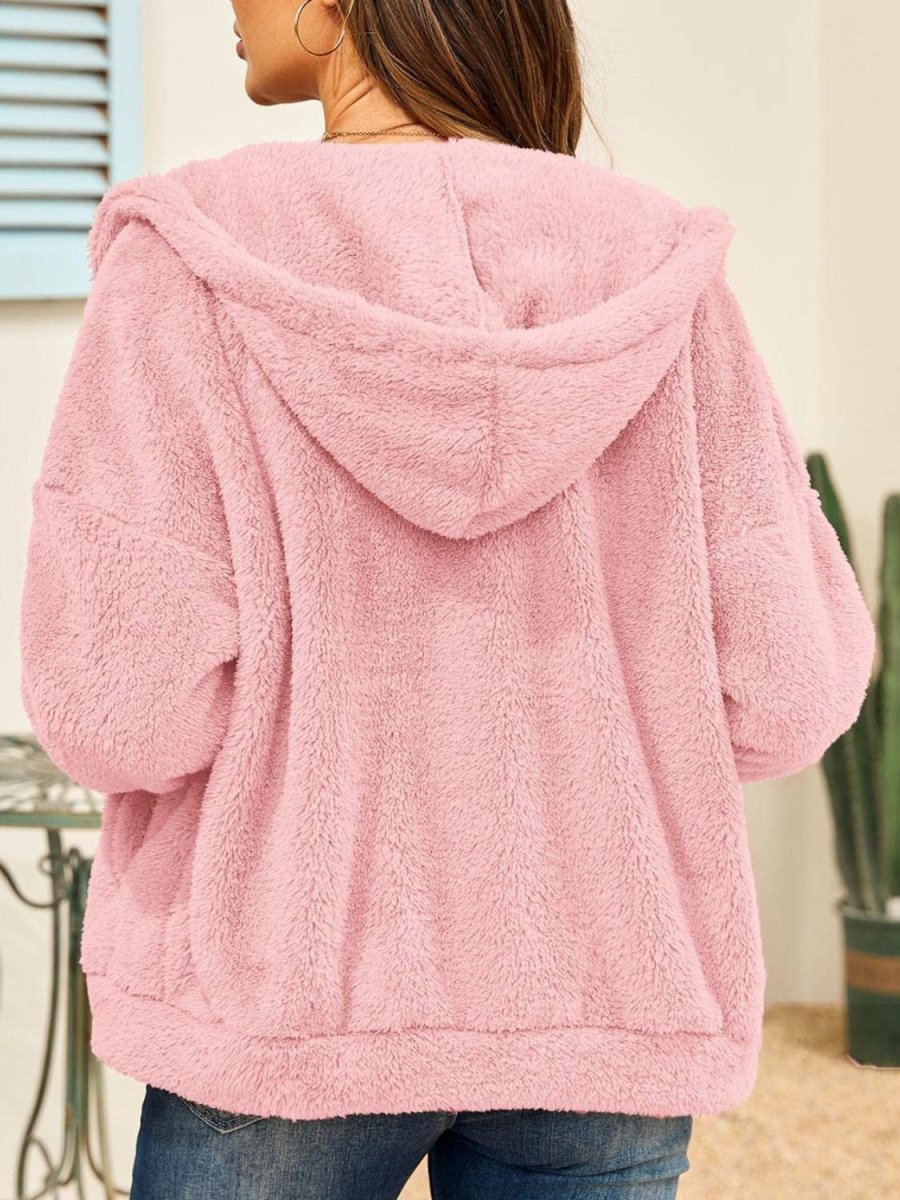 Drawstring Zip Up Hooded Plush Jacket - Outerwear