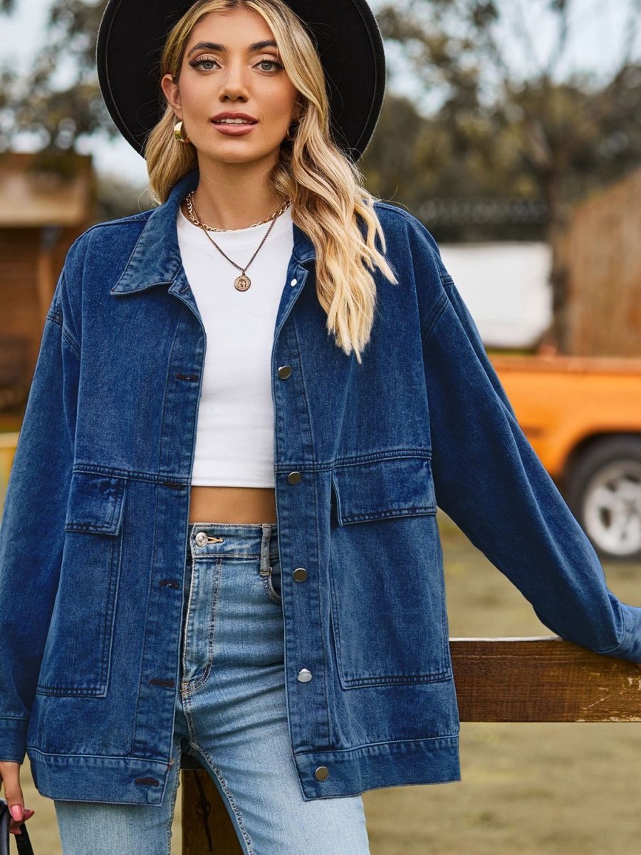 Dropped Shoulder Denim Jacket with Pockets - Outerwear