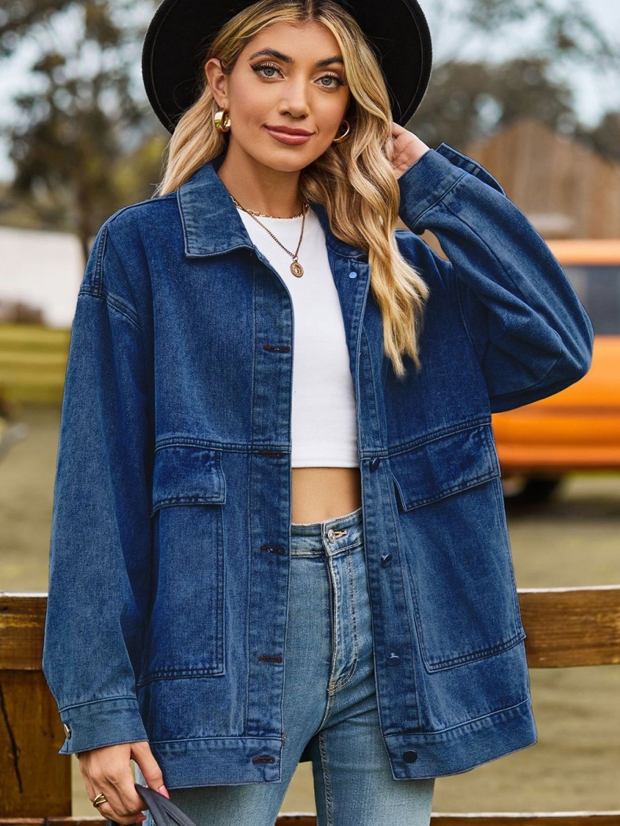 Dropped Shoulder Denim Jacket with Pockets - Outerwear