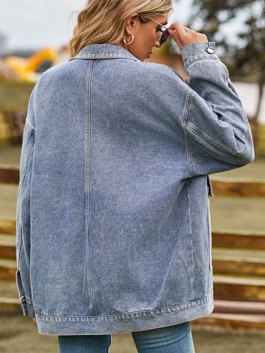 Dropped Shoulder Denim Jacket with Pockets - Outerwear