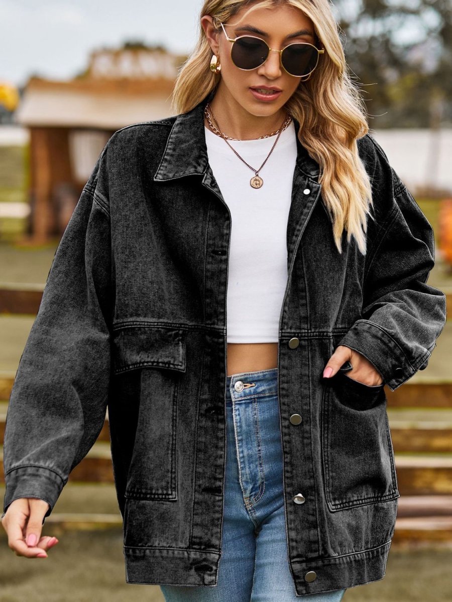 Dropped Shoulder Denim Jacket with Pockets - Outerwear