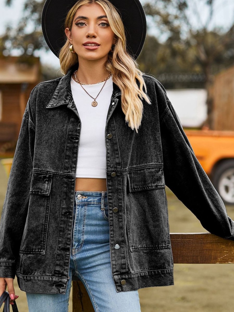 Dropped Shoulder Denim Jacket with Pockets - Outerwear