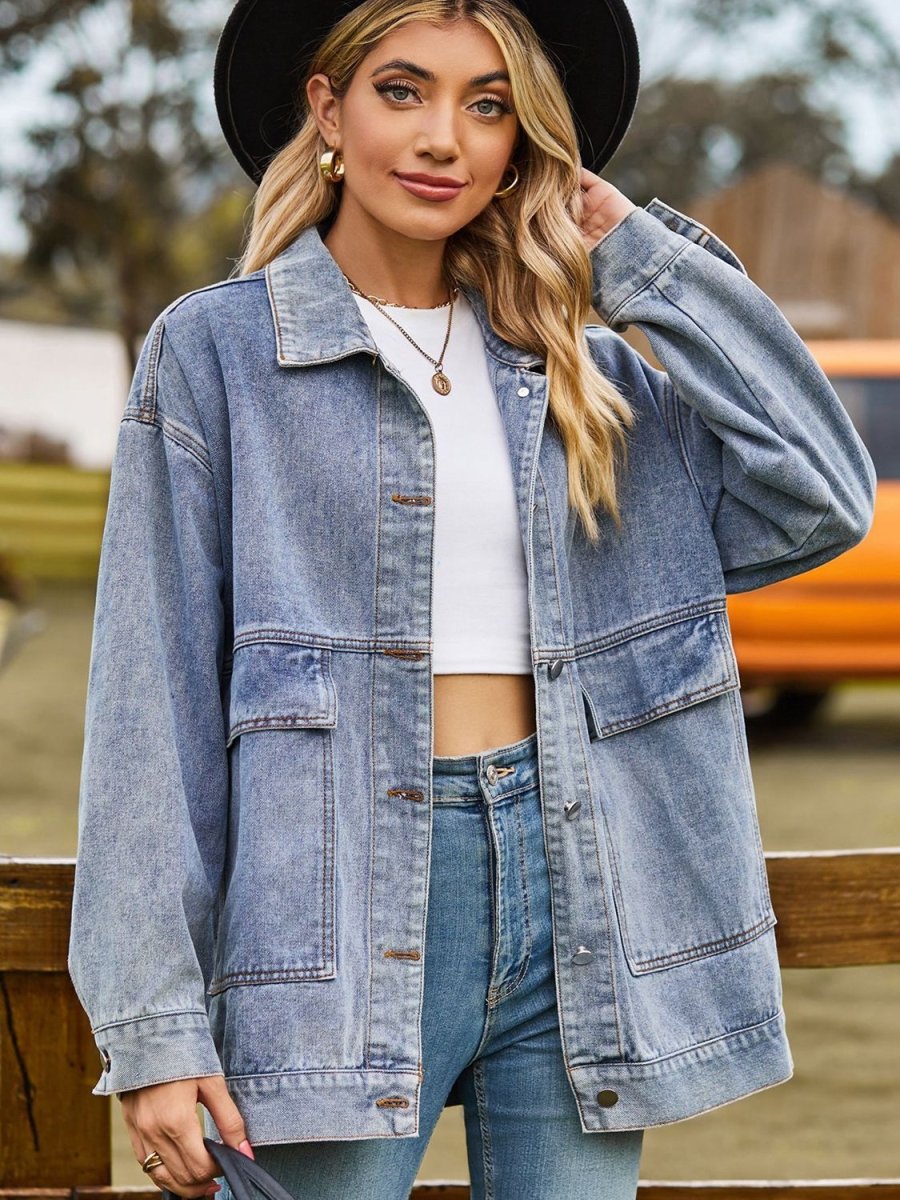 Dropped Shoulder Denim Jacket with Pockets - Outerwear