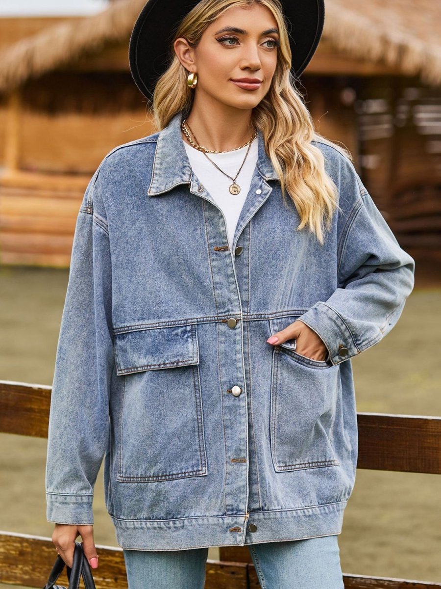 Dropped Shoulder Denim Jacket with Pockets - Outerwear