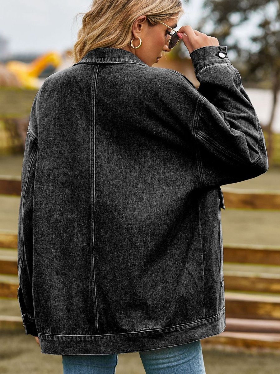 Dropped Shoulder Denim Jacket with Pockets - Outerwear