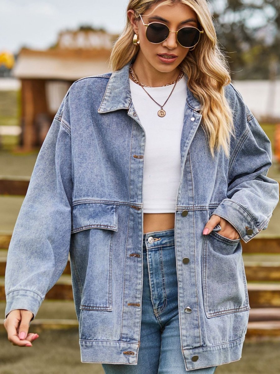 Dropped Shoulder Denim Jacket with Pockets - Outerwear