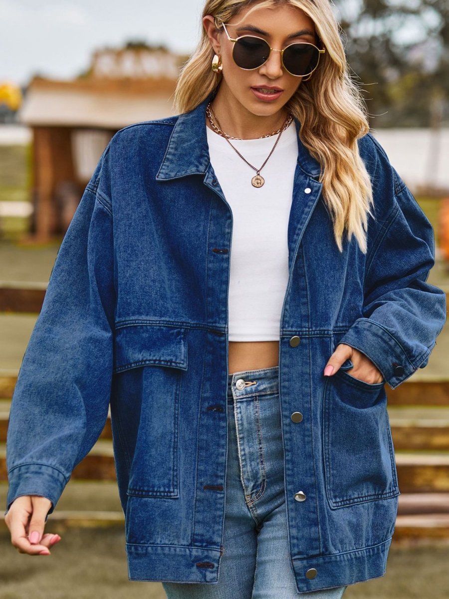 Dropped Shoulder Denim Jacket with Pockets - Outerwear