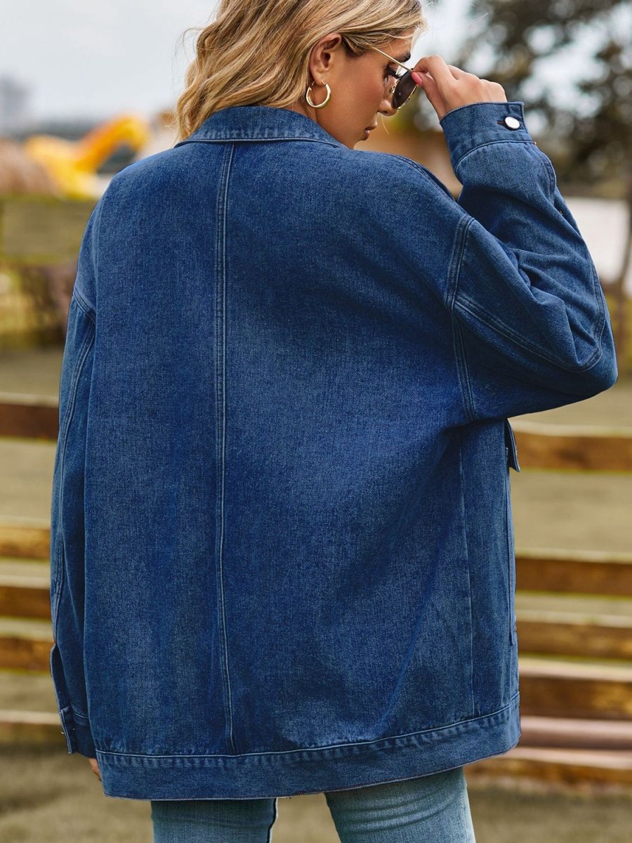 Dropped Shoulder Denim Jacket with Pockets - Outerwear