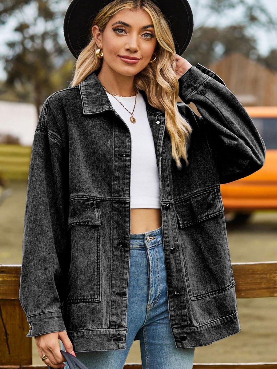 Dropped Shoulder Denim Jacket with Pockets - Outerwear