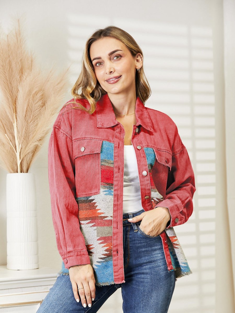 Dropped Shoulder Long Sleeve Printed Denim Jacket - Outerwear