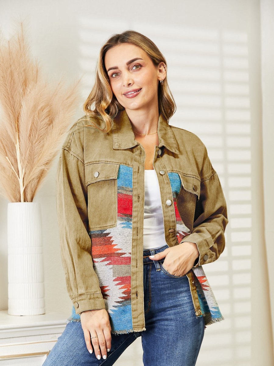Dropped Shoulder Long Sleeve Printed Denim Jacket - Outerwear