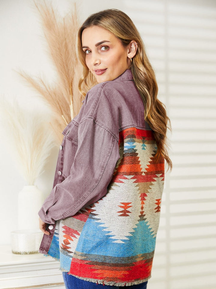 Dropped Shoulder Long Sleeve Printed Denim Jacket - Outerwear