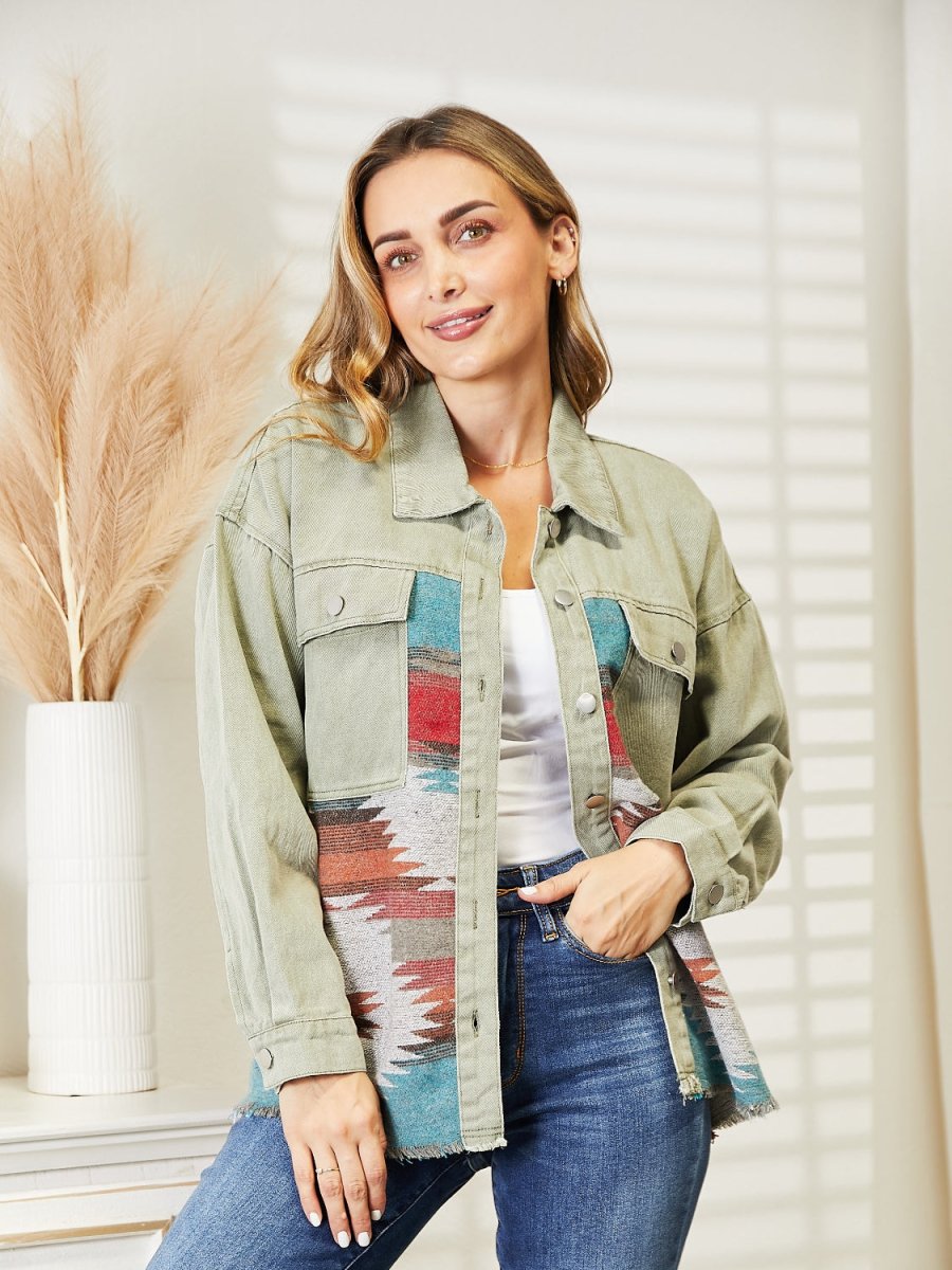 Dropped Shoulder Long Sleeve Printed Denim Jacket - Outerwear