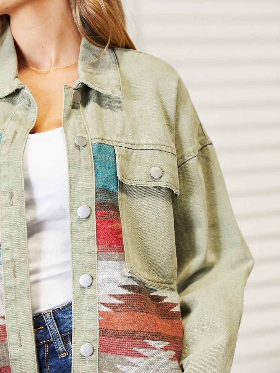 Dropped Shoulder Long Sleeve Printed Denim Jacket - Outerwear