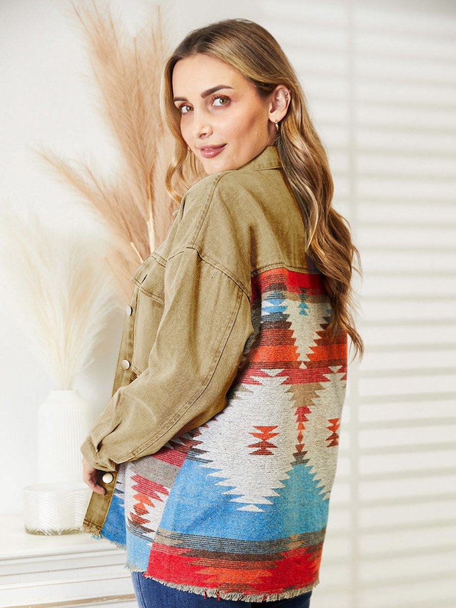 Dropped Shoulder Long Sleeve Printed Denim Jacket - Outerwear
