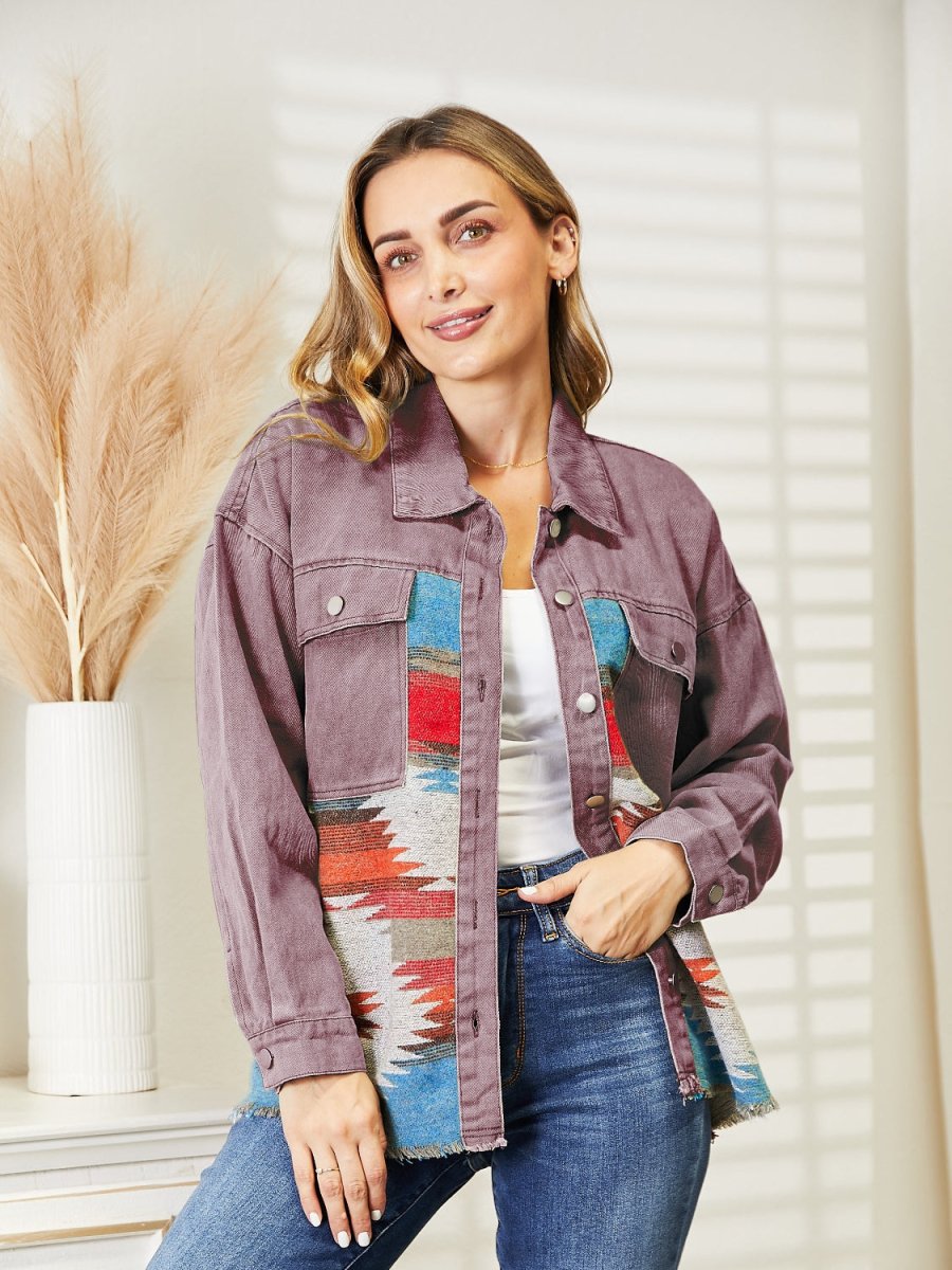 Dropped Shoulder Long Sleeve Printed Denim Jacket - Outerwear