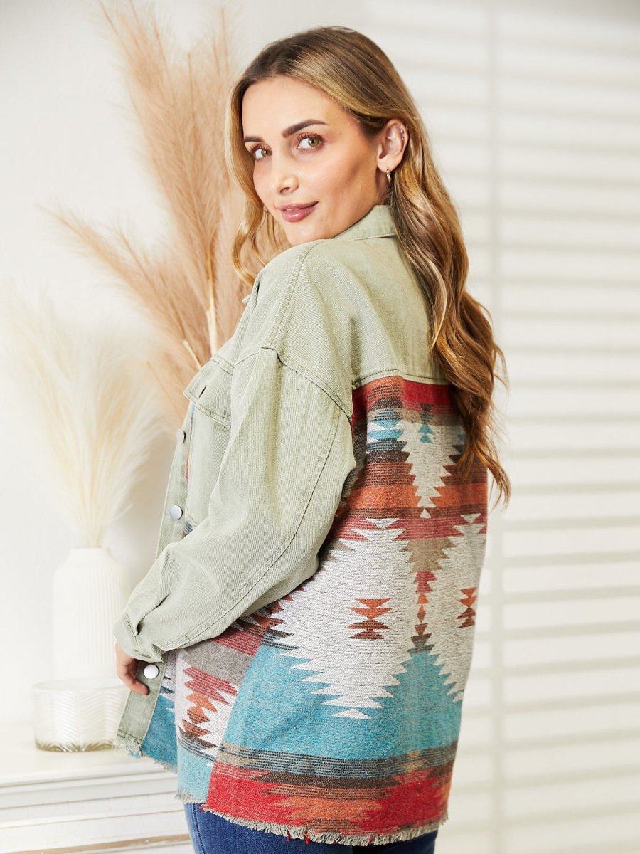 Dropped Shoulder Long Sleeve Printed Denim Jacket - Outerwear