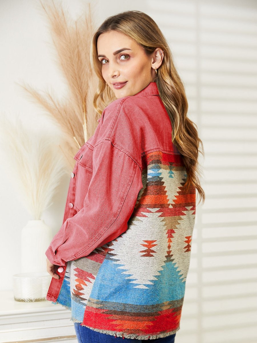 Dropped Shoulder Long Sleeve Printed Denim Jacket - Outerwear