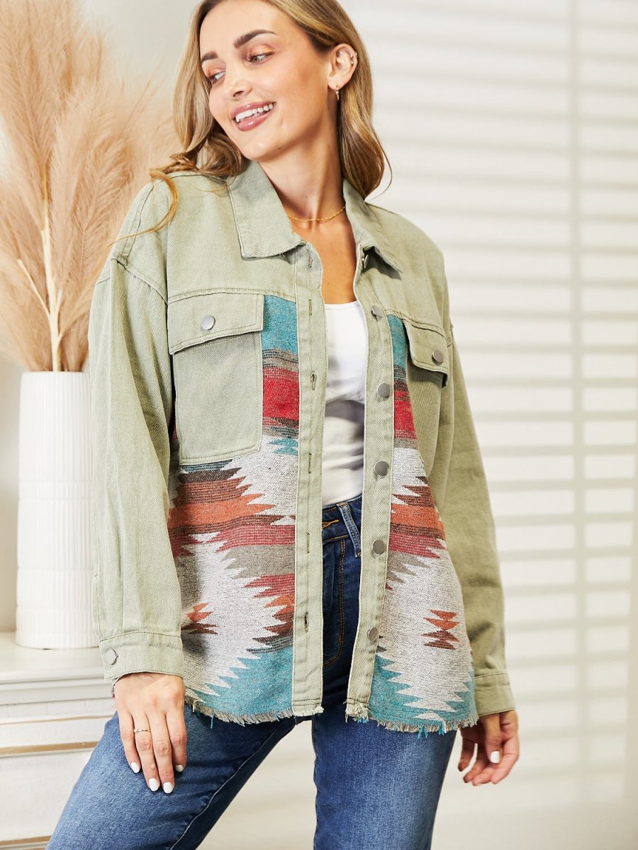 Dropped Shoulder Long Sleeve Printed Denim Jacket - Outerwear