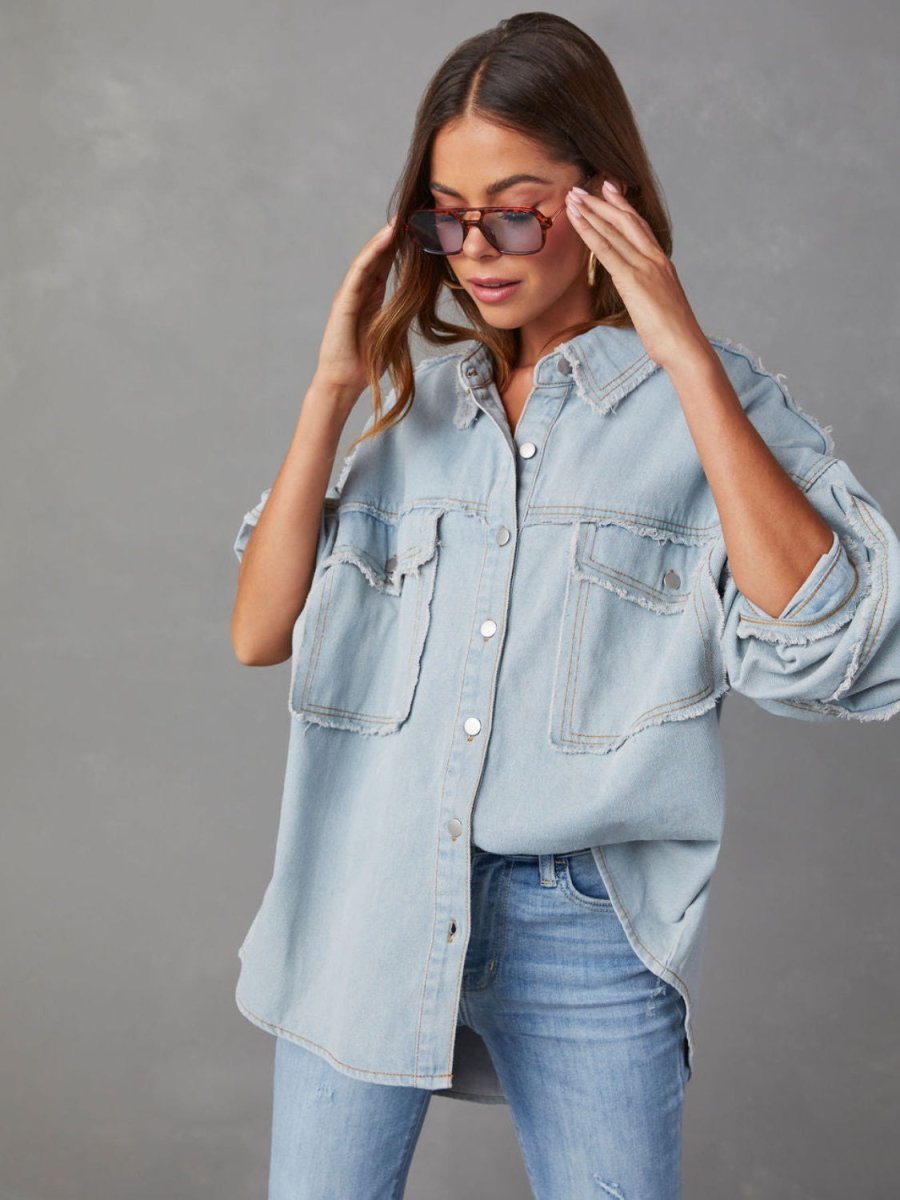 Dropped Shoulder Raw Hem Jacket - Outerwear