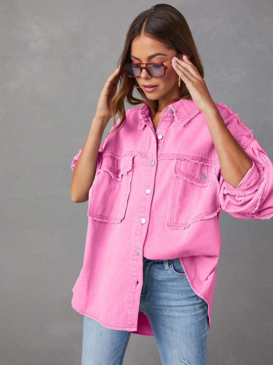Dropped Shoulder Raw Hem Jacket - Outerwear