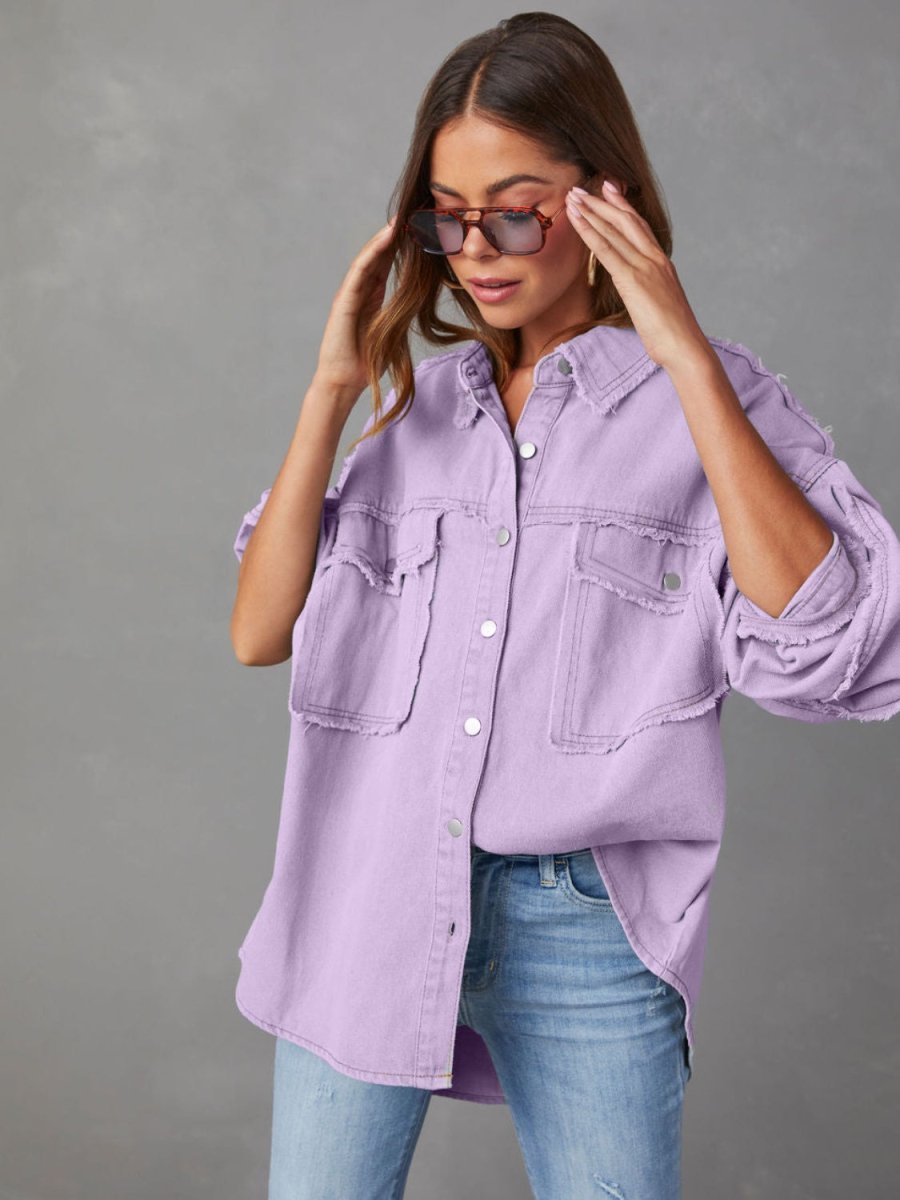 Dropped Shoulder Raw Hem Jacket - Outerwear