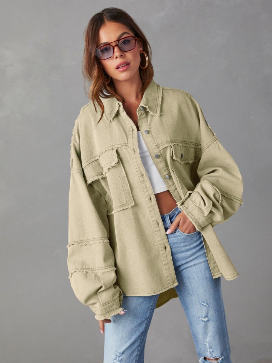 Dropped Shoulder Raw Hem Jacket - Outerwear