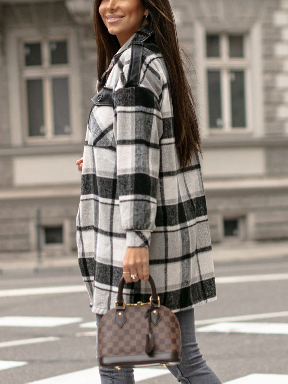 MeiMei Pocketed Plaid Button Up Dropped Shoulder Shacket