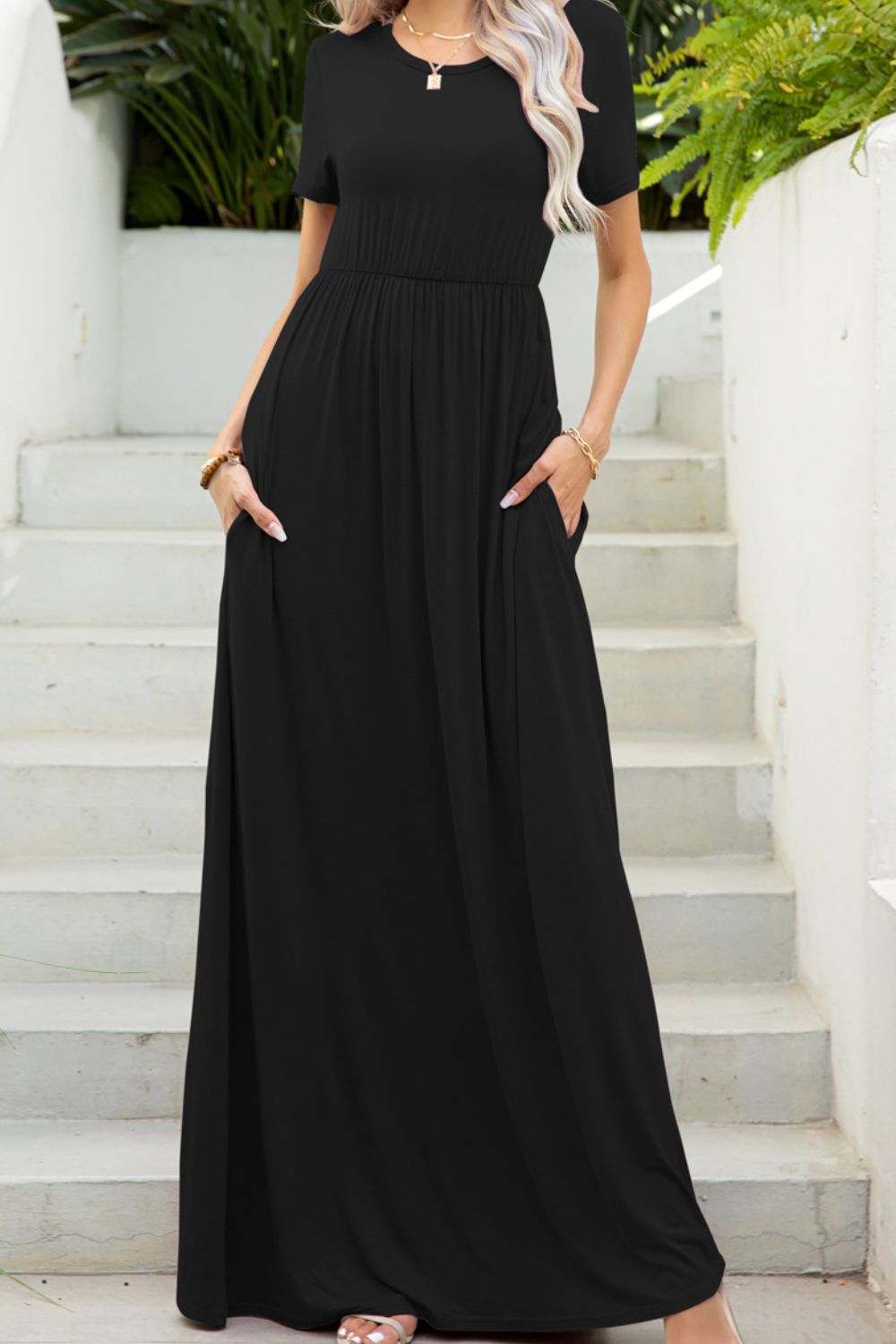 round neck maxi tee dress with pockets