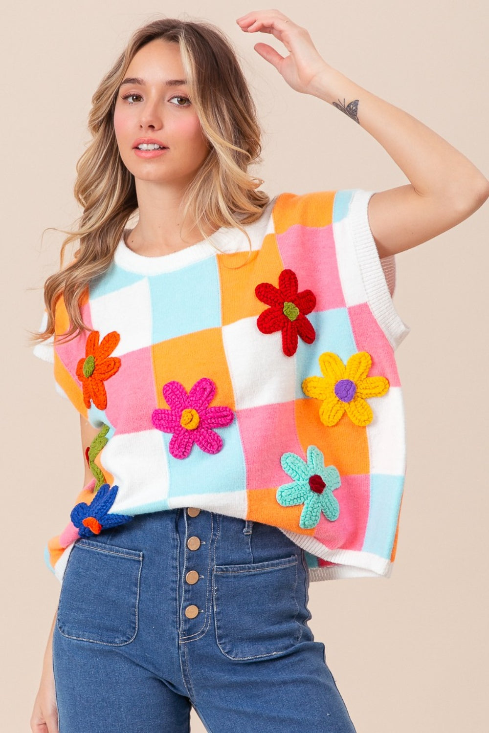 BiBi Flower Patch Checkered Sweater