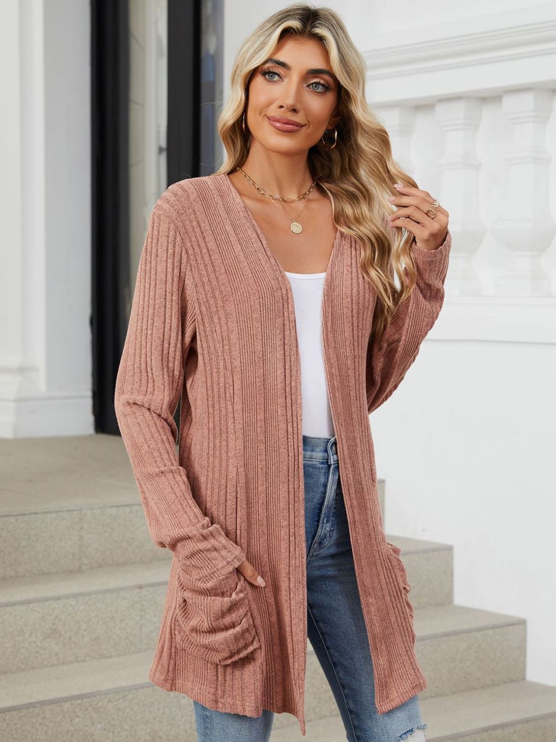 Pocketed Open Front Long Sleeve Cardigan