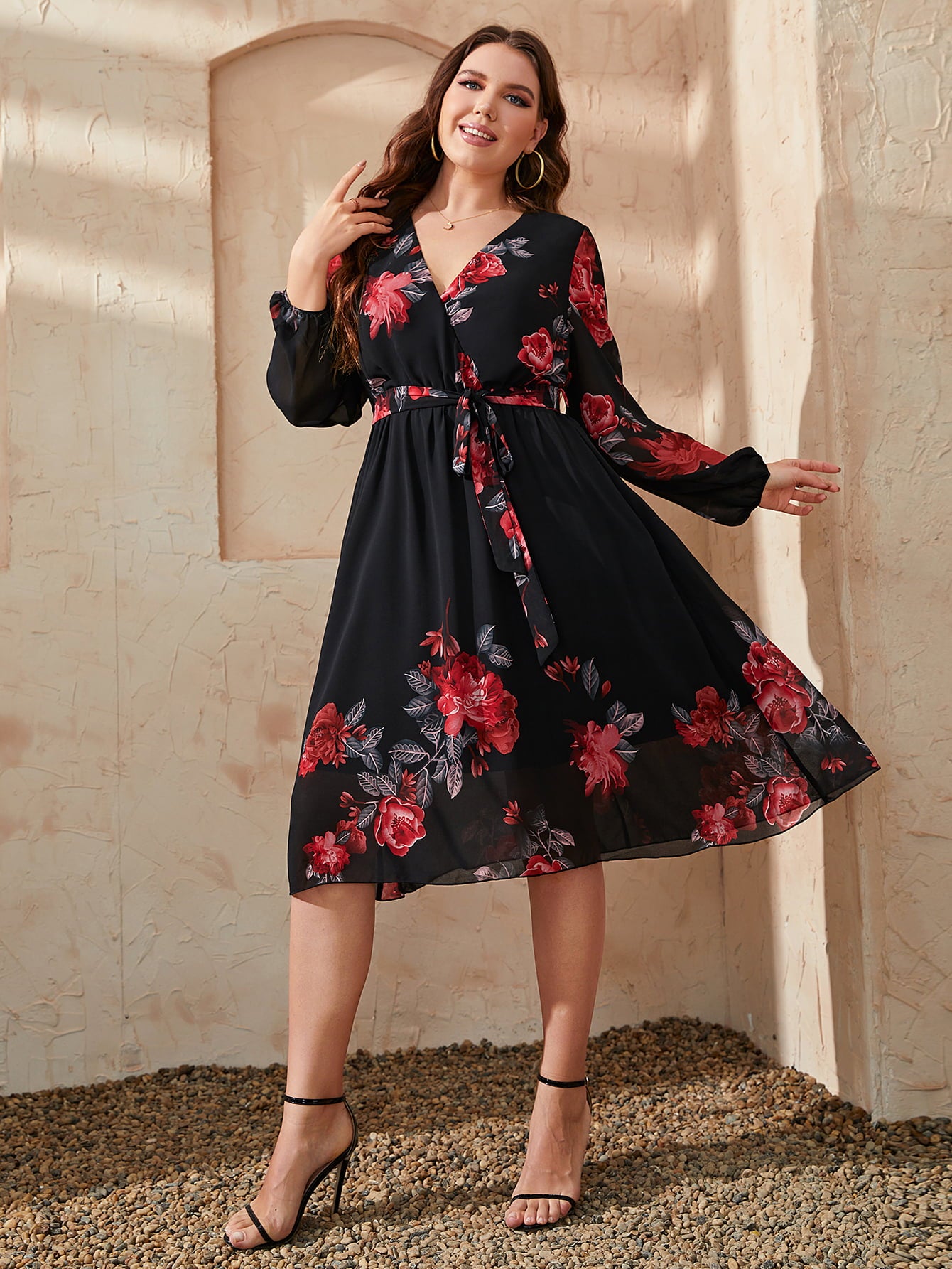 honey plus size floral surplice neck tie waist dress