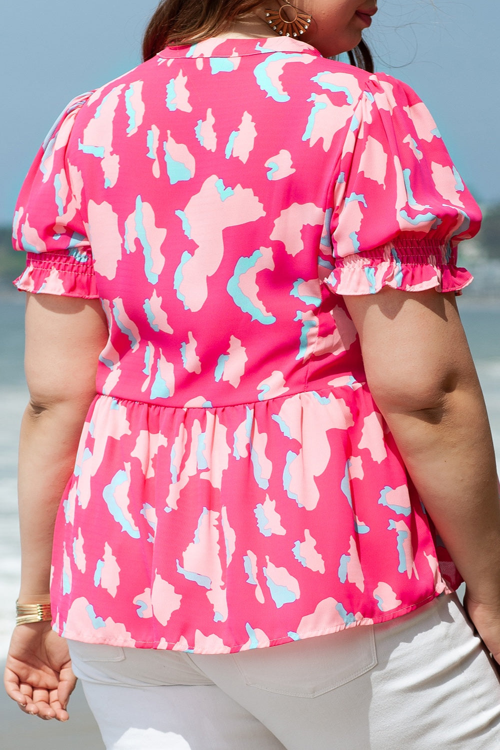 Plus Size Ruffled Printed Notched Short Sleeve Blouse