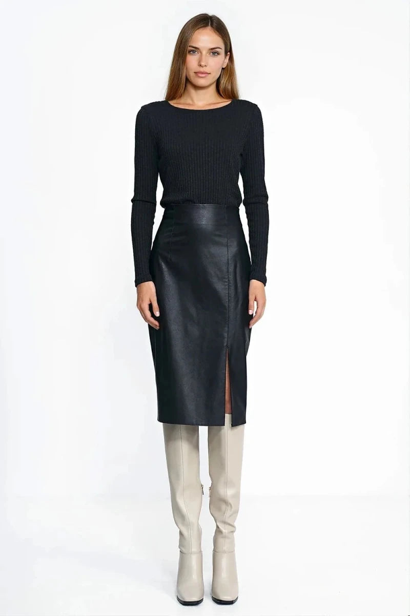 Eco - Leather Pencil Skirt with Slit - 