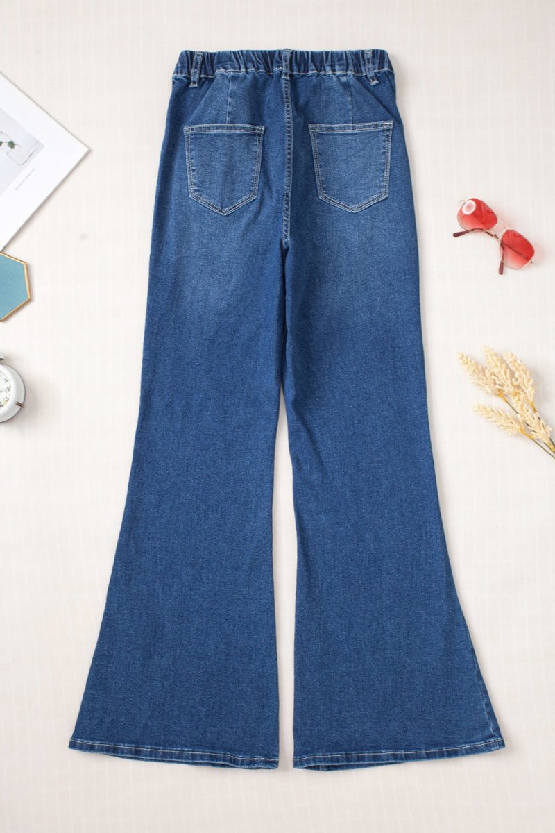 Elastic Waist Bootcut Jeans with Pockets - Bottoms Sale