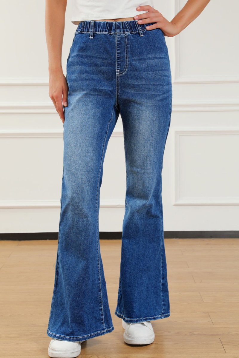 Elastic Waist Bootcut Jeans with Pockets - Bottoms Sale