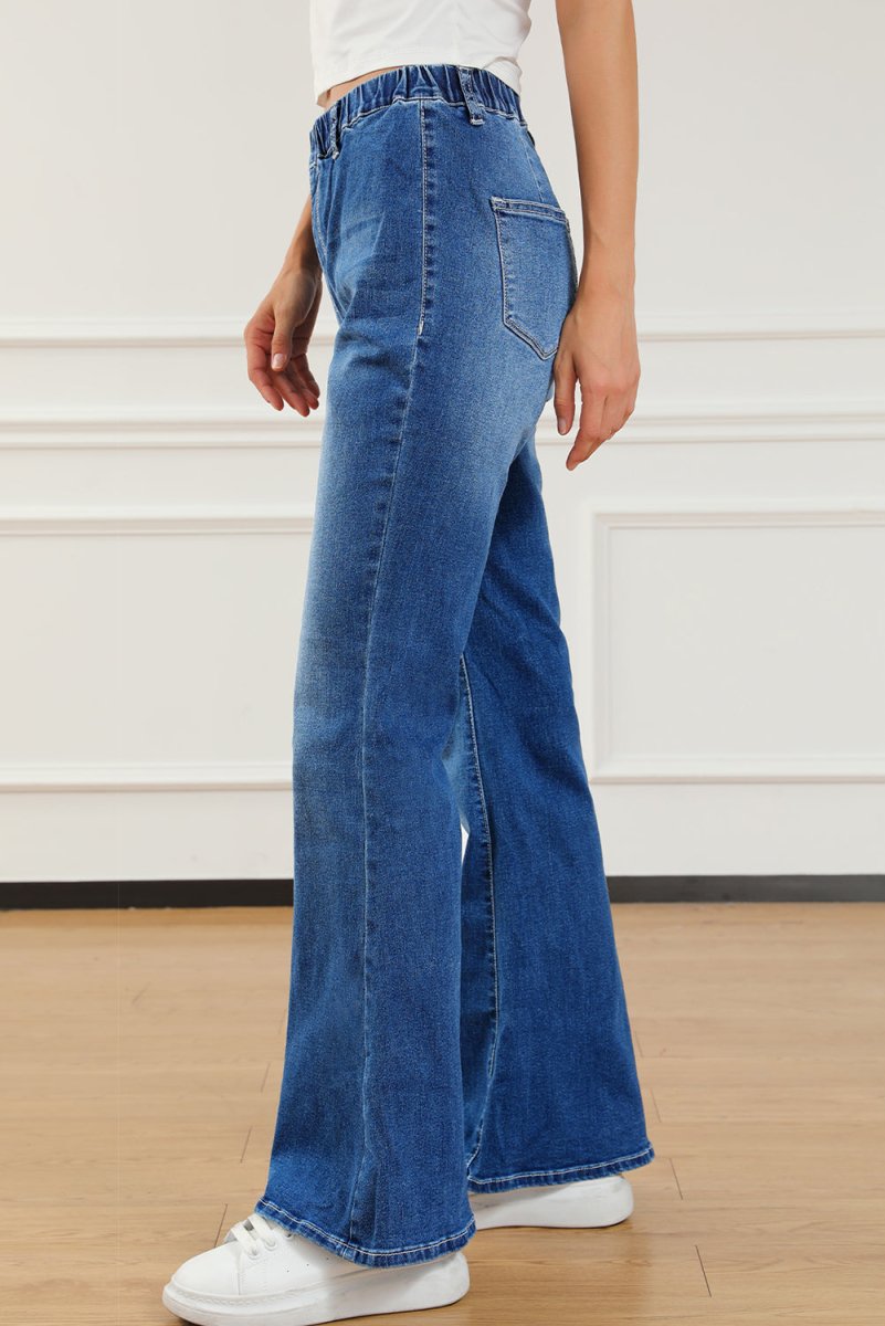 Elastic Waist Bootcut Jeans with Pockets - Bottoms Sale