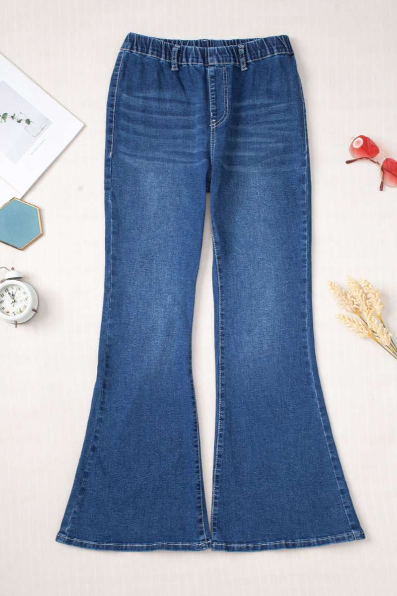 Elastic Waist Bootcut Jeans with Pockets - Bottoms Sale