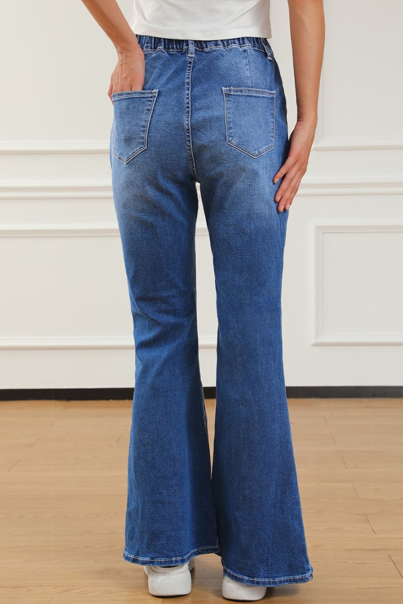 Elastic Waist Bootcut Jeans with Pockets - Bottoms Sale