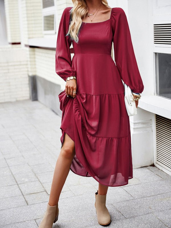 Elegant and elegant multi - layer long skirt with square collar - Casual Dress