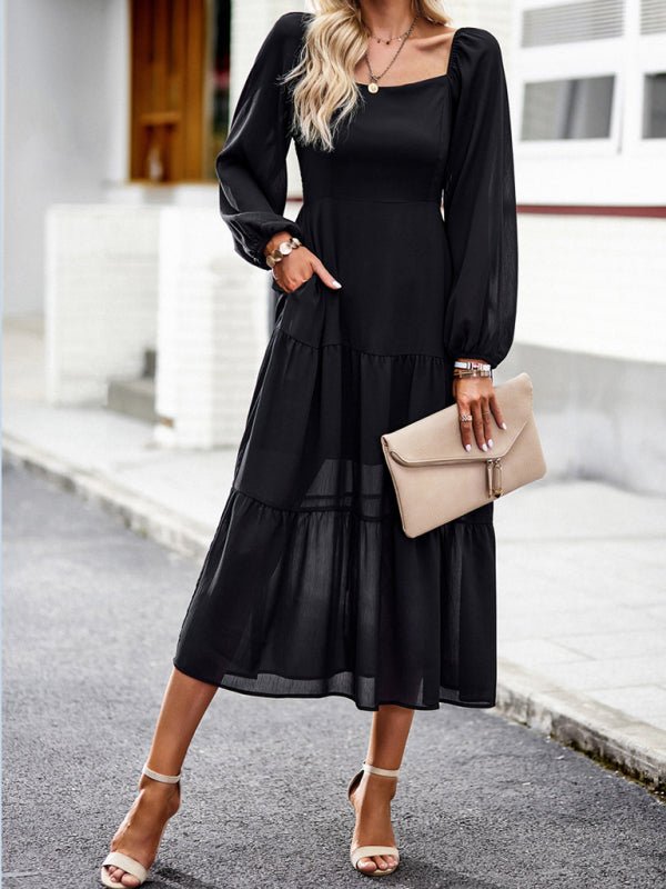 Elegant and elegant multi - layer long skirt with square collar - Casual Dress