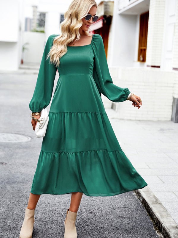 Elegant and elegant multi - layer long skirt with square collar - Casual Dress