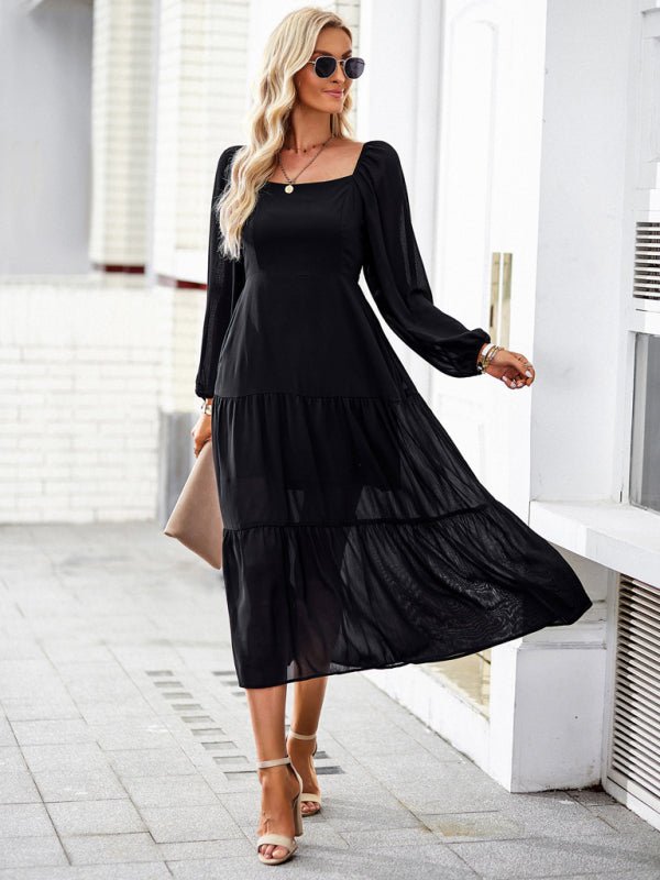 Elegant and elegant multi - layer long skirt with square collar - Casual Dress
