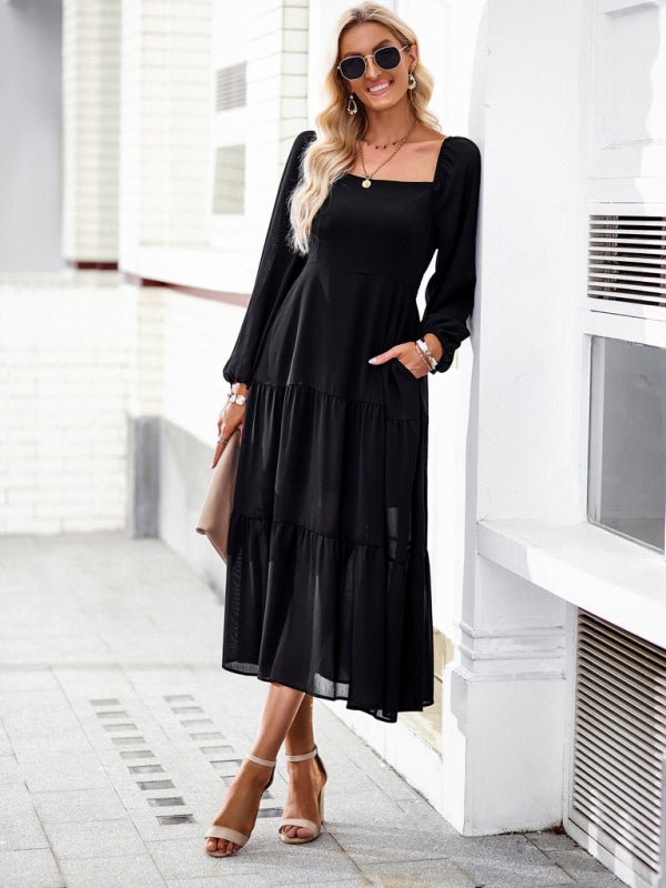 Elegant and elegant multi - layer long skirt with square collar - Casual Dress