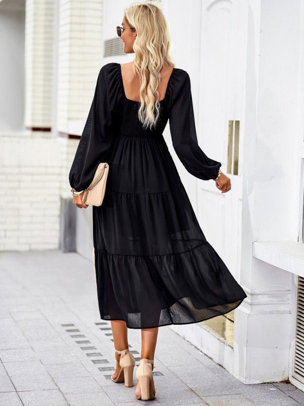 Elegant and elegant multi - layer long skirt with square collar - Casual Dress